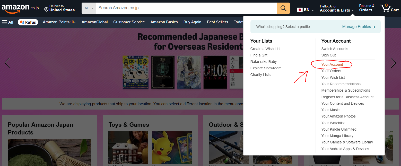 Amazon account menu screenshot